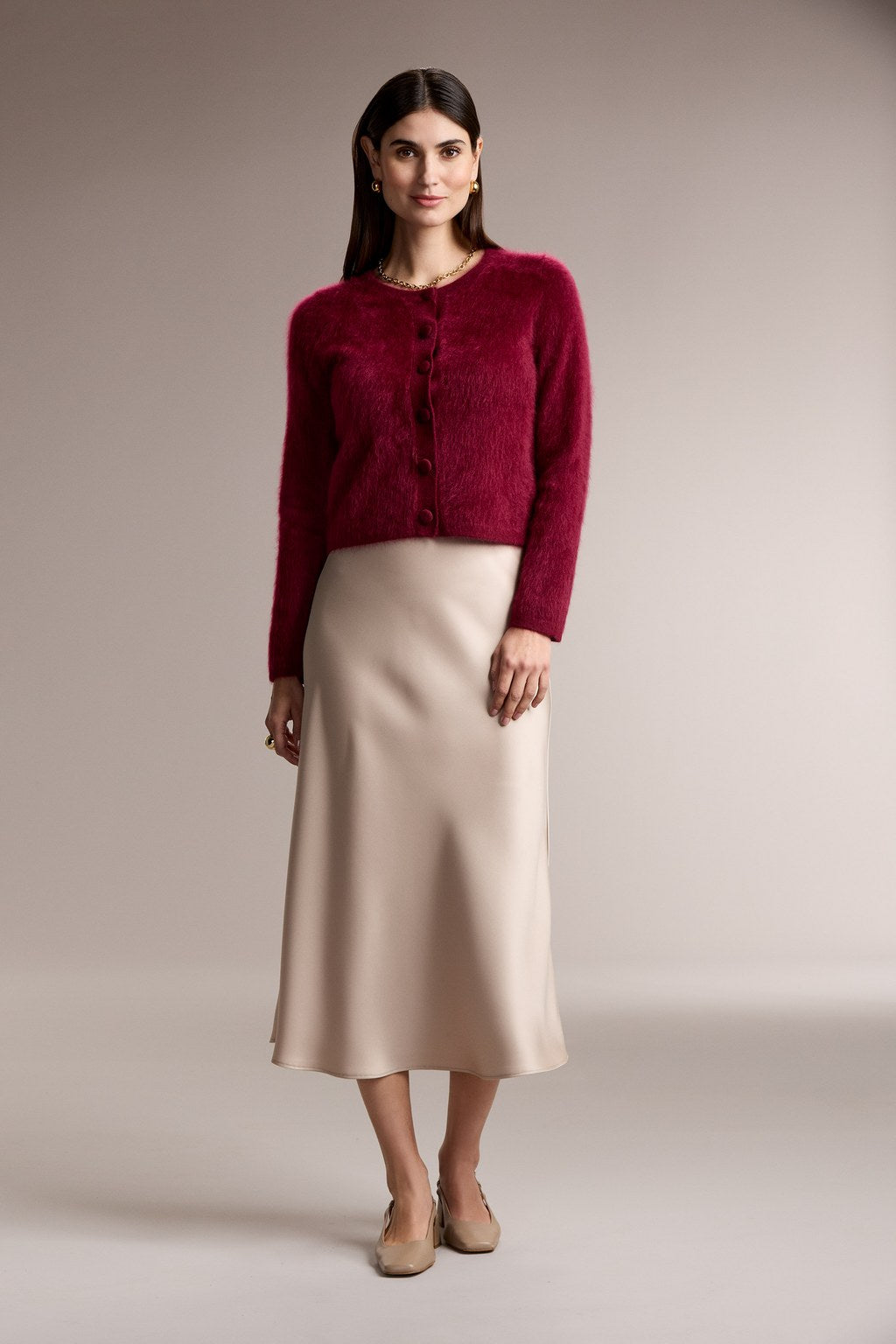 A long sleeve brushed cashmere cardigan, burgundy.