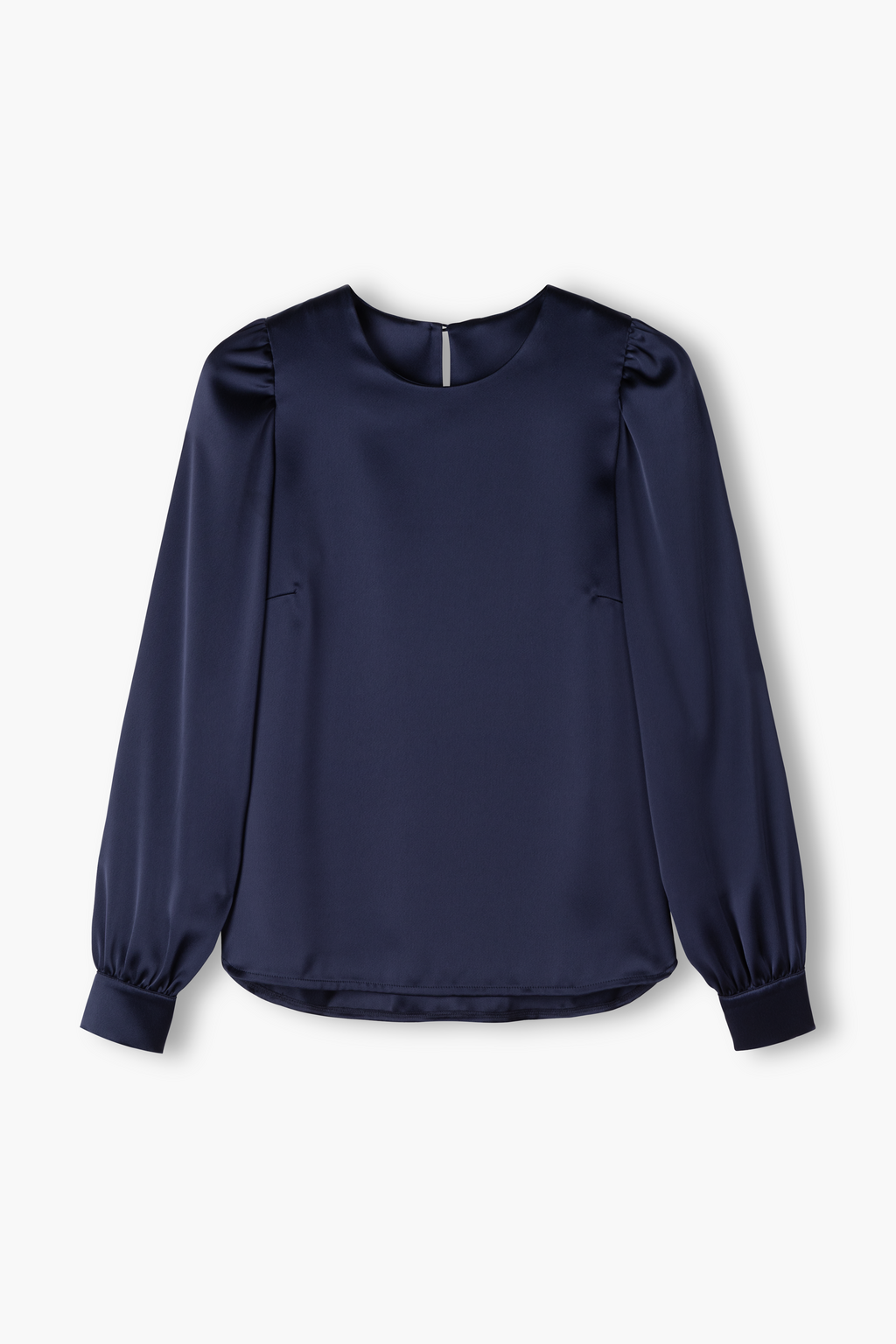 Triasetaatista valmistettu naisten satiinipaita pitkällä puffihihalla sävyssä dark navy