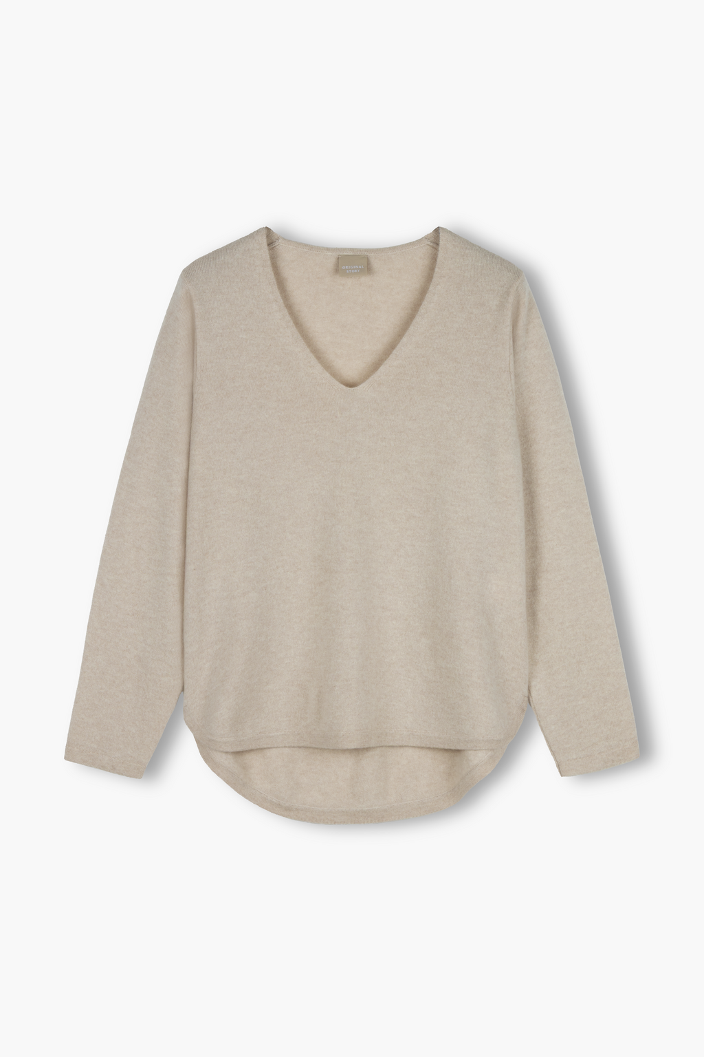 Pitkähihainen sileä kashmirneule v-kaula-aukolla, Latte