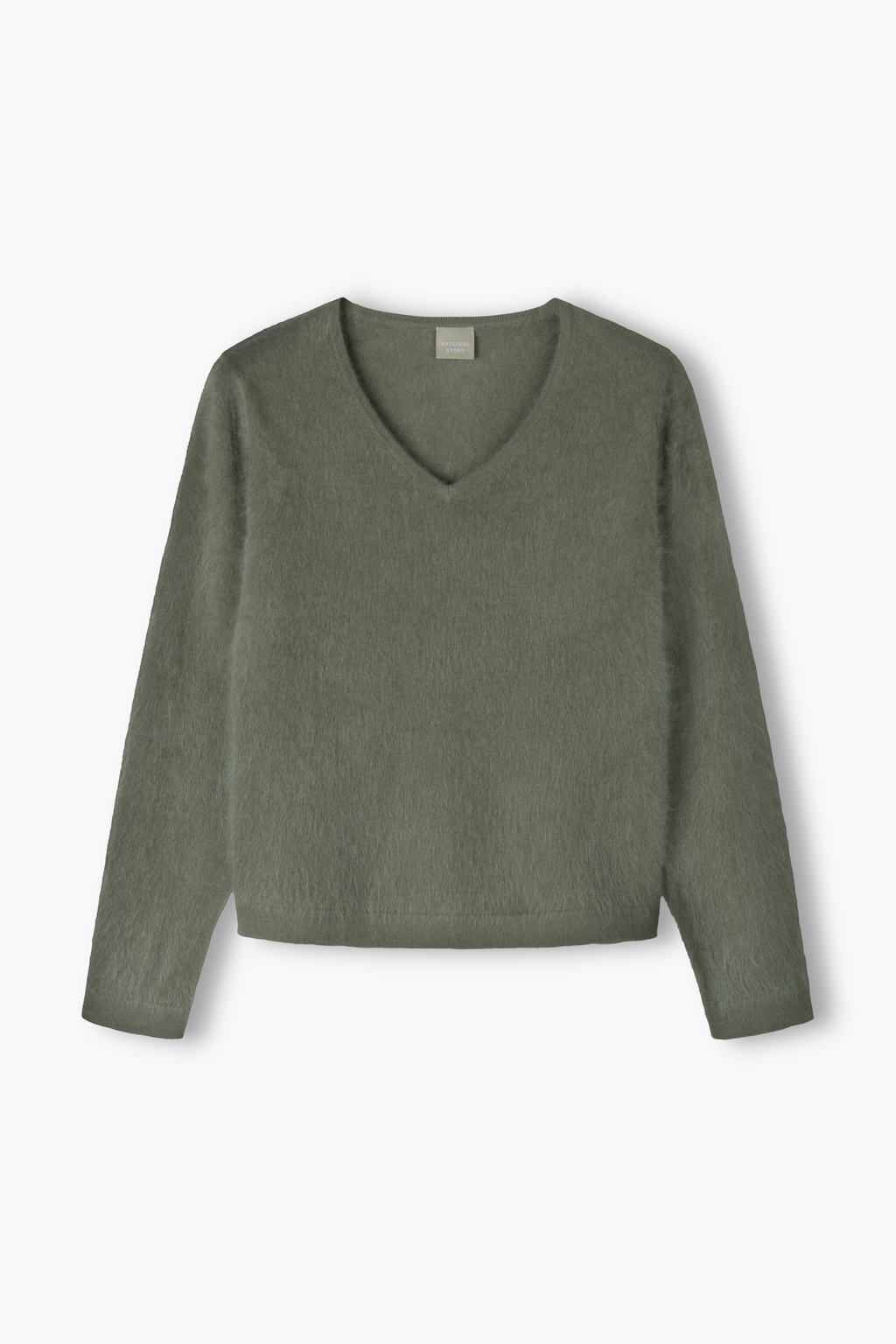 Pitkähihainen harjattu kashmirneule v-kaula-aukolla, light olive