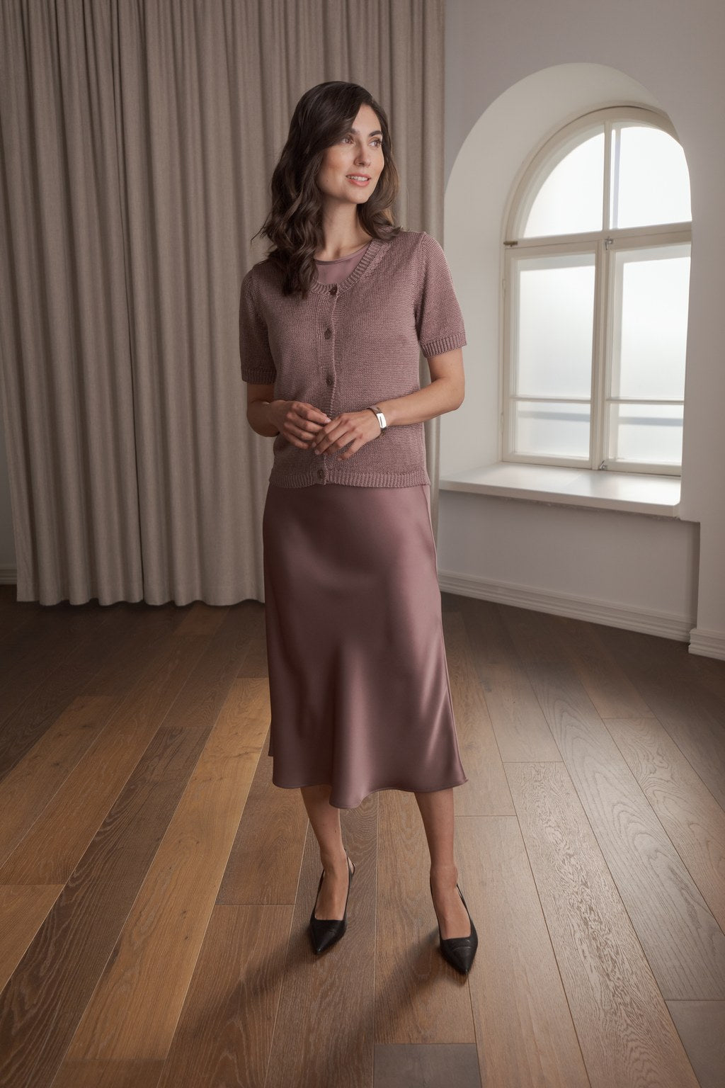 Lyhythihainen pellavasekoiteneuletakki, Mauve