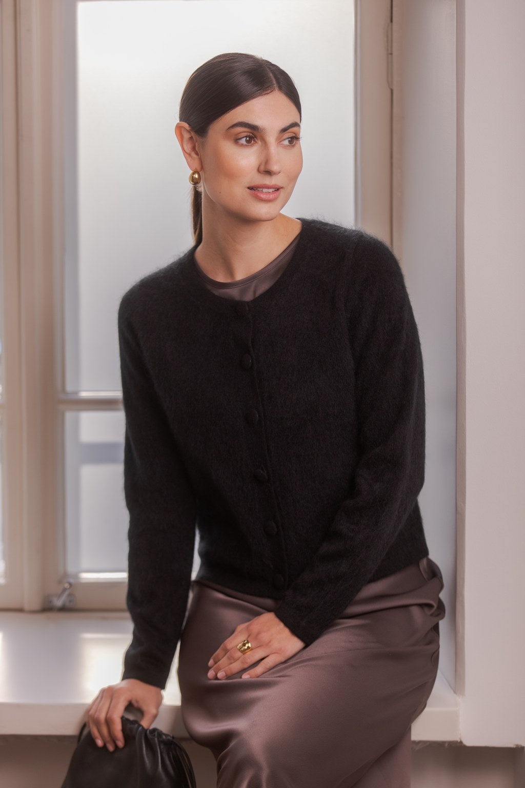 Pitkähihainen harjattu kashmirneuletakki, Black