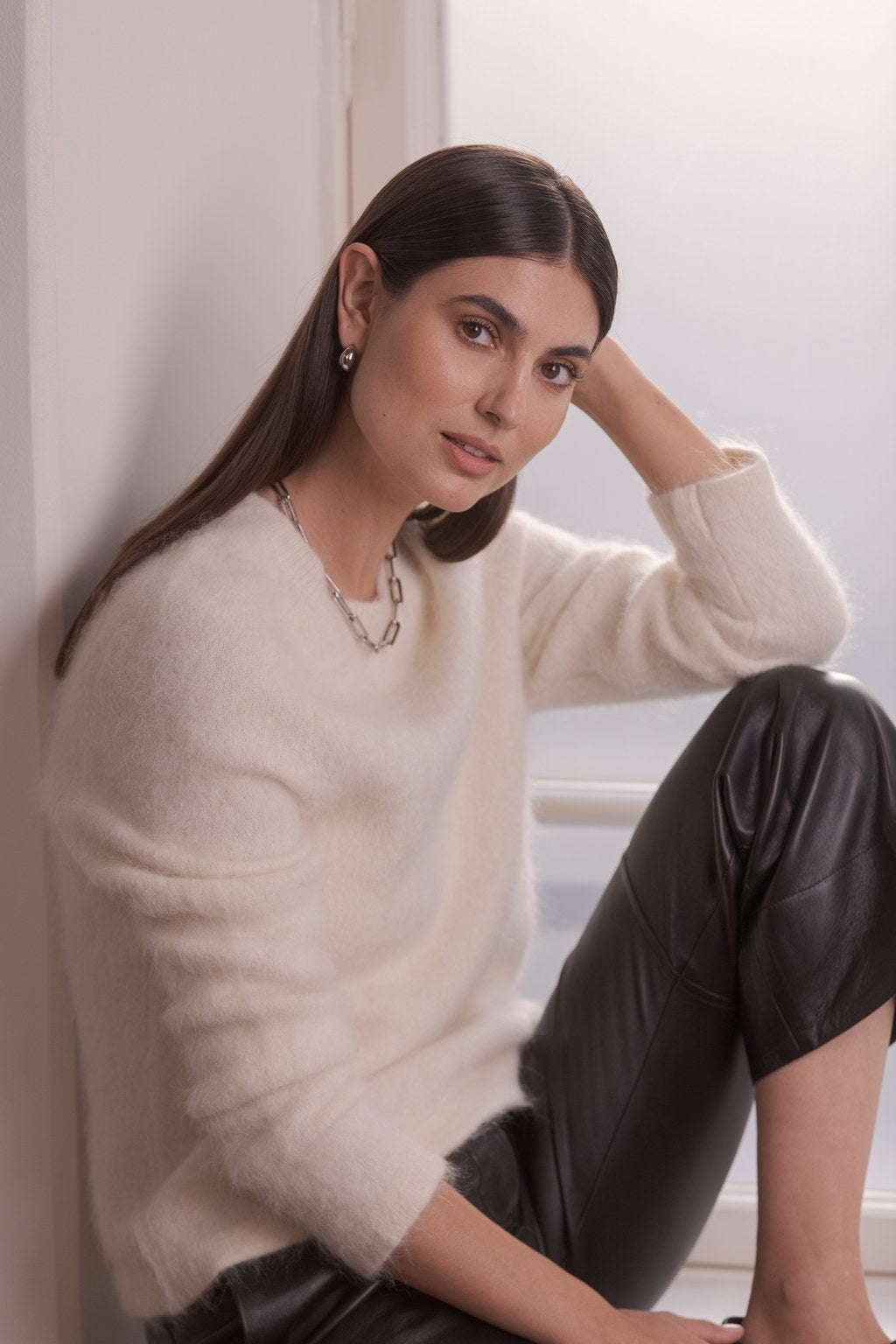 Pitkähihainen alpakkasekoiteneule, Cream