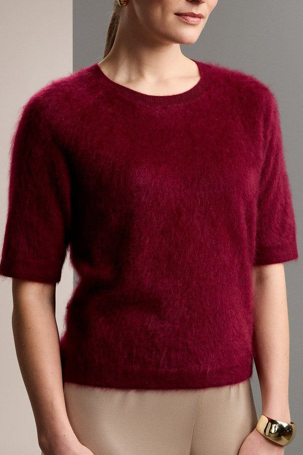 100 % cashmere short sleeve brushed sweater, burgundy