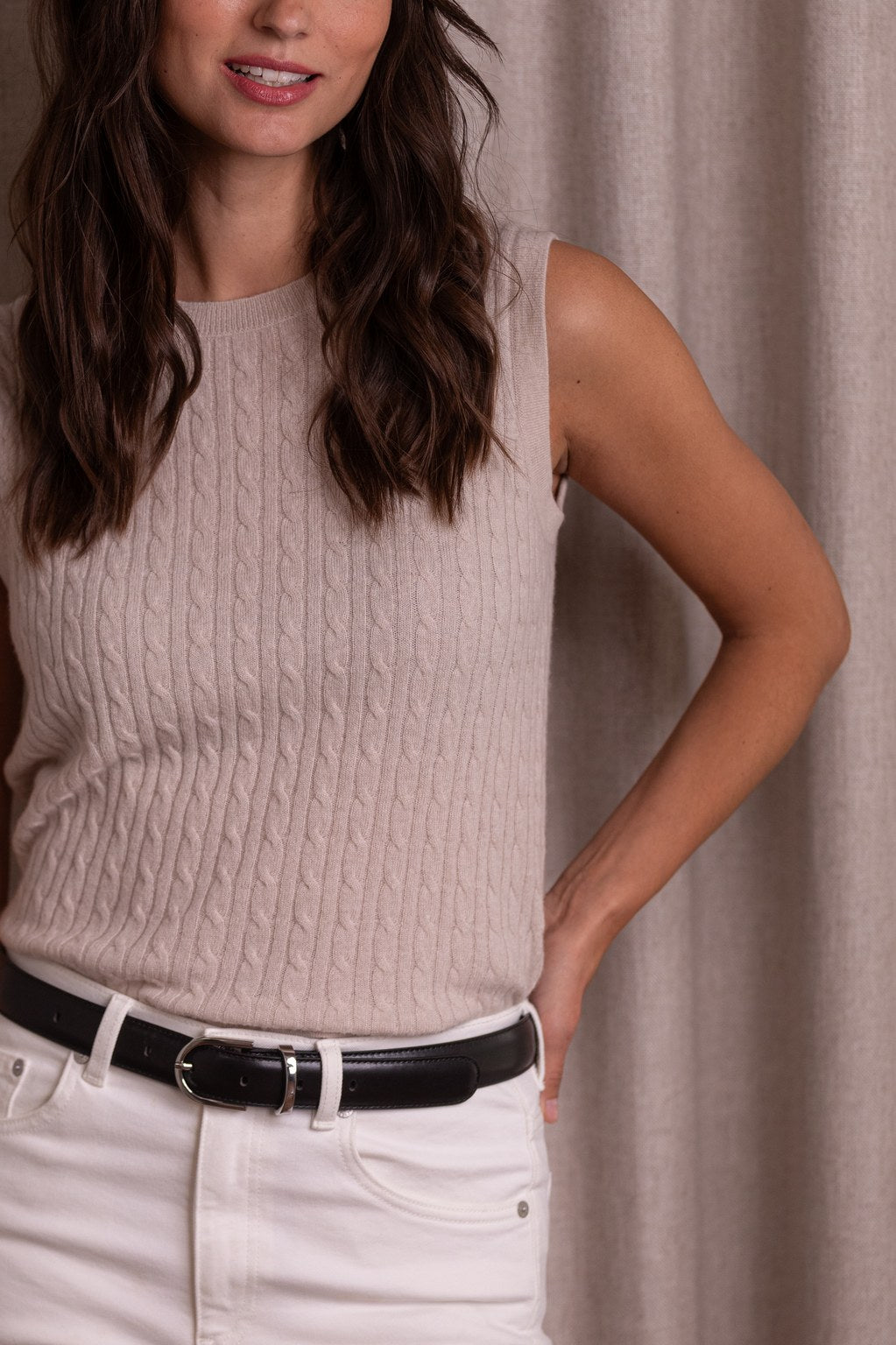 Ohut hihaton palmikkokashmirtoppi, Latte