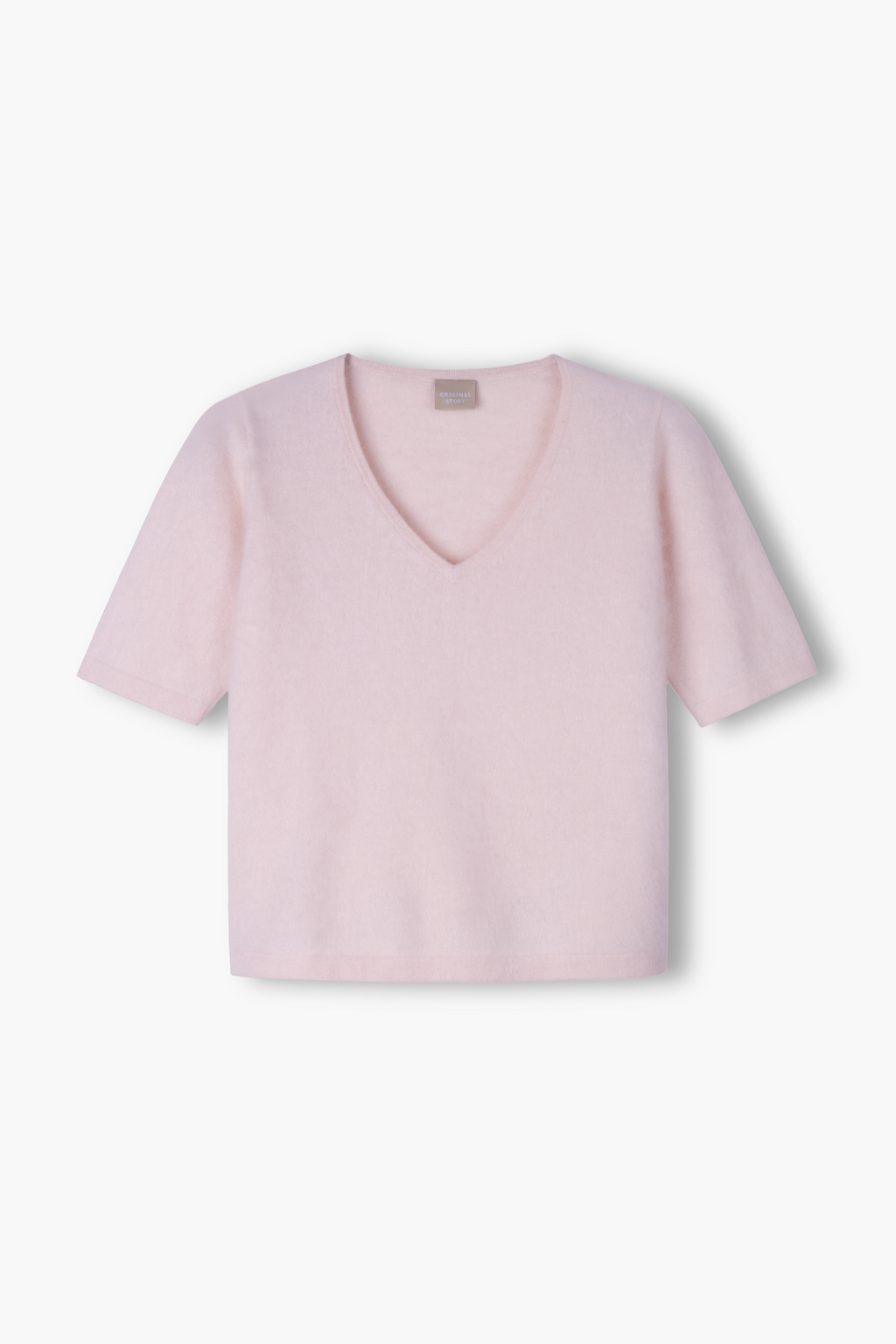 Lyhythihainen harjattu kashmirneule V-kaula-aukolla, Pale pink