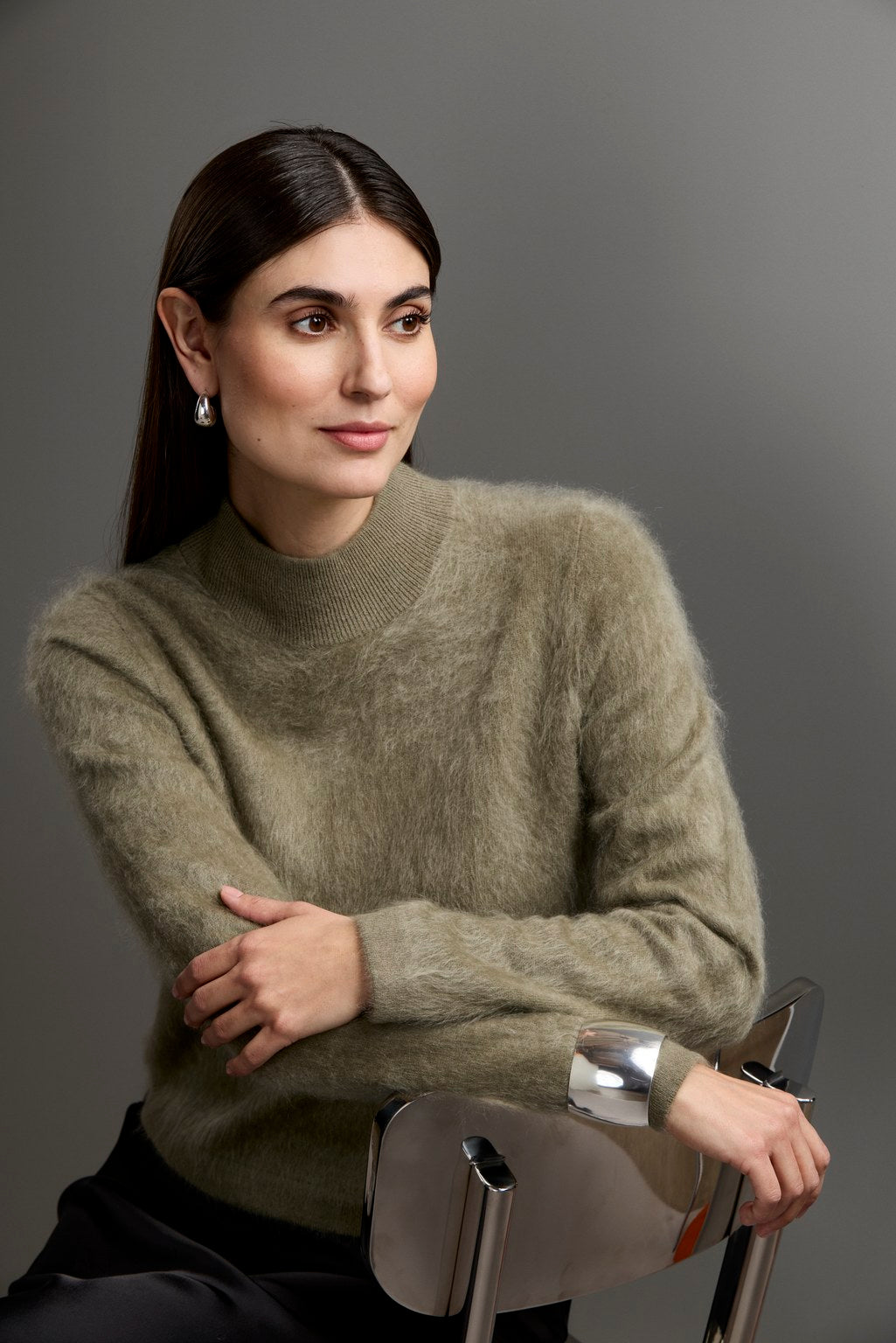 Cashmere sweater with mock neck, light olive.