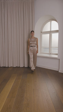 wide satin trousers, latte